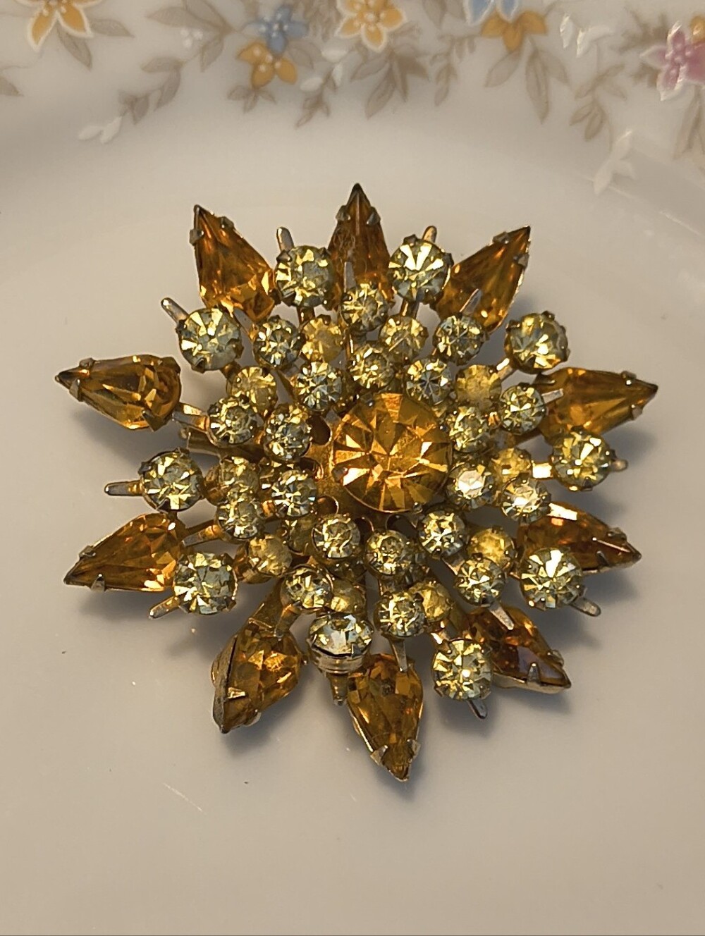 Vintage MCM Coro Sunburst Brooch Gold Tone Yellow Orange Amber Rhinestone